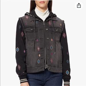 Desigual Women Slim Hooded Denim Black Embroidered Jacket Size US Small